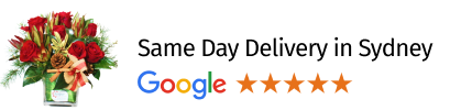 A bouquet of red roses in a glass vase next to a 5-star Google rating.